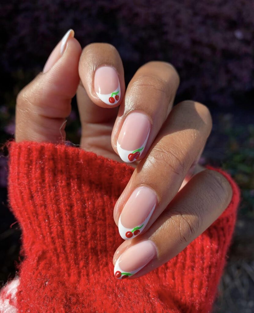 white french tips, cherry nail art