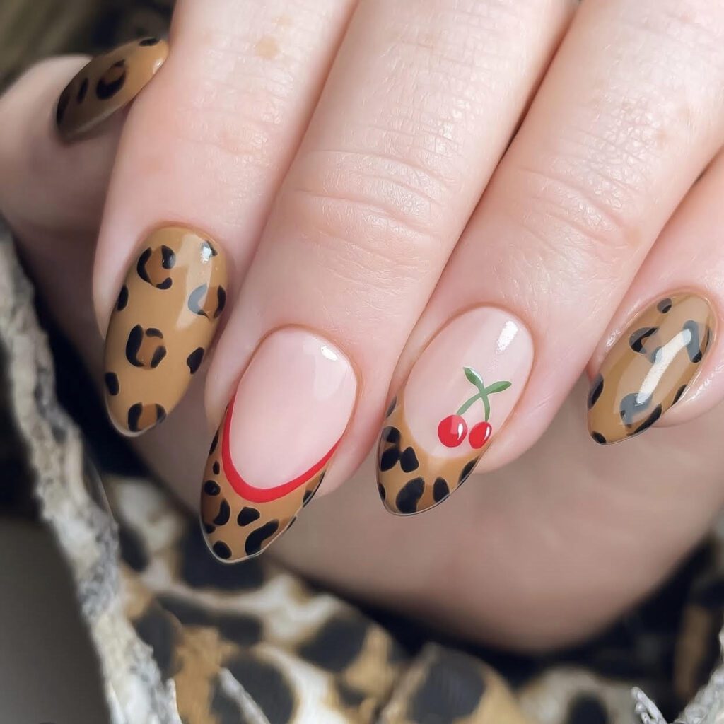 cherry nail designs ideas, cheetah print, leopard print 