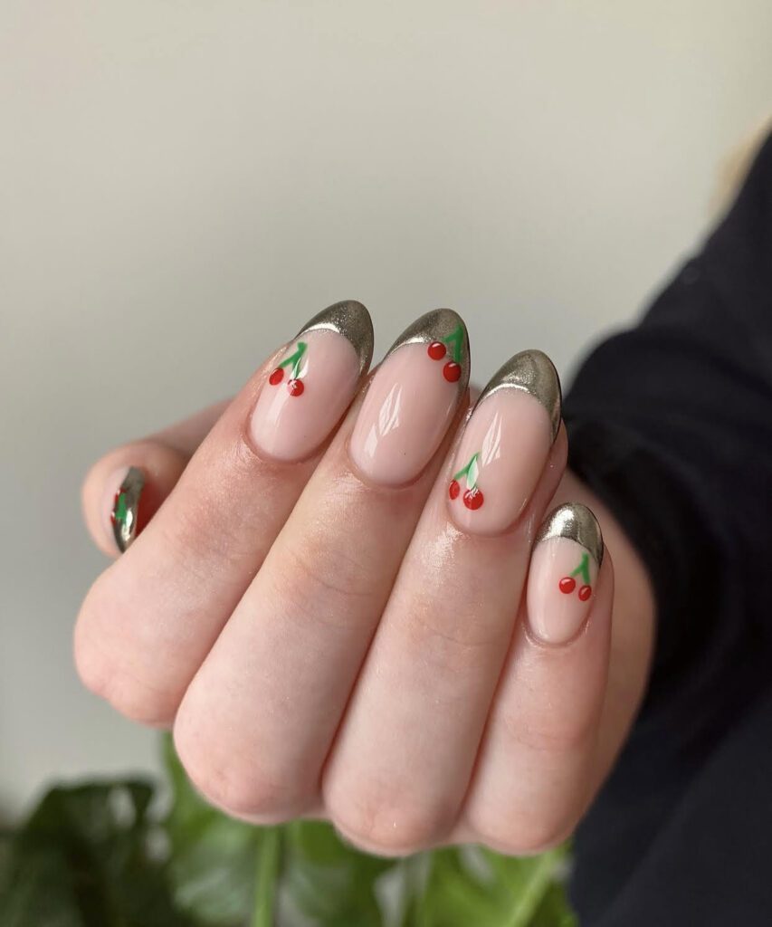 metallic french tip, cherry nail design