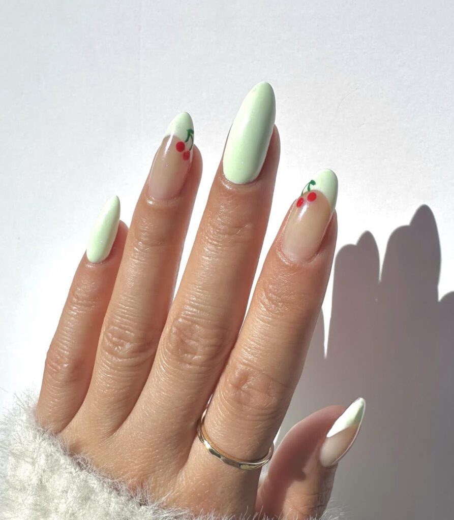 mint green, cherry nail art
