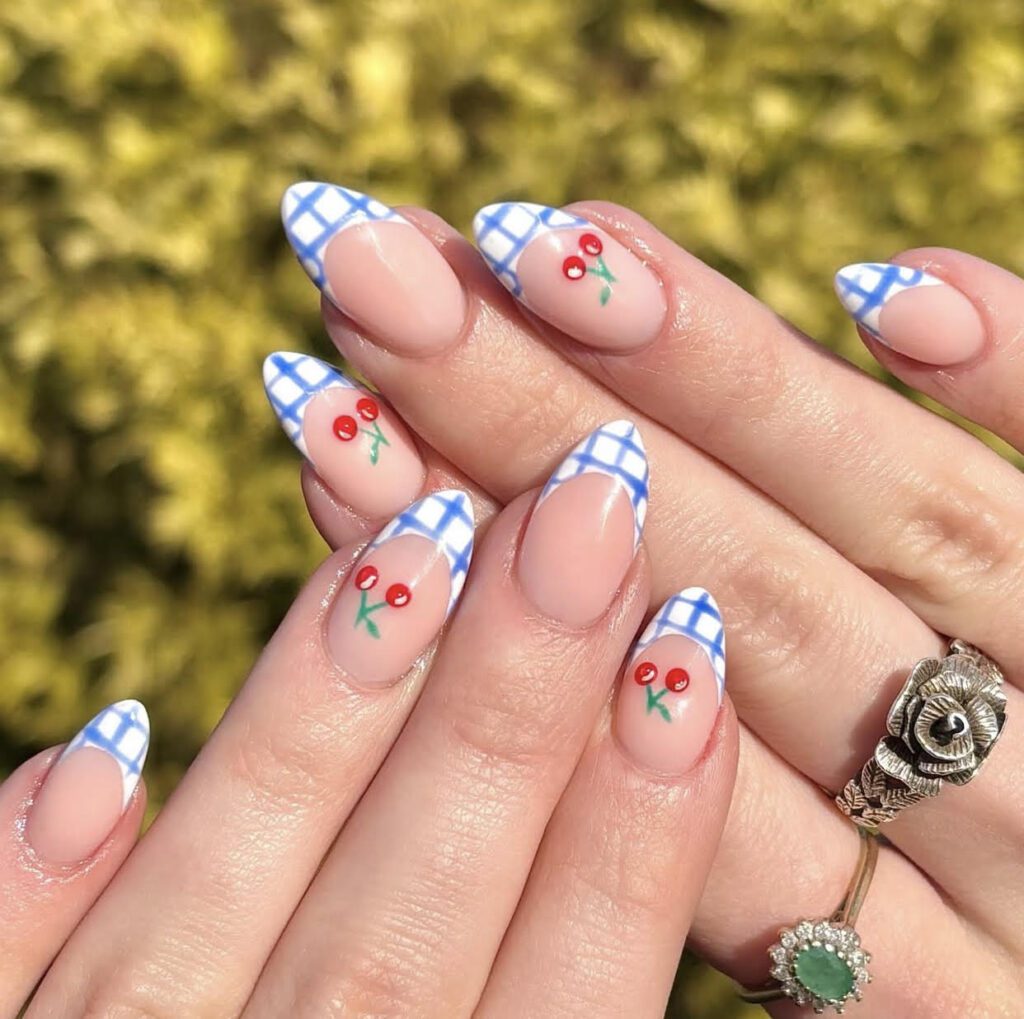 gingham print, cherry nails