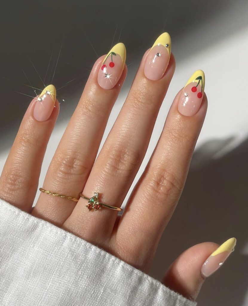 yellow and cherry nail art