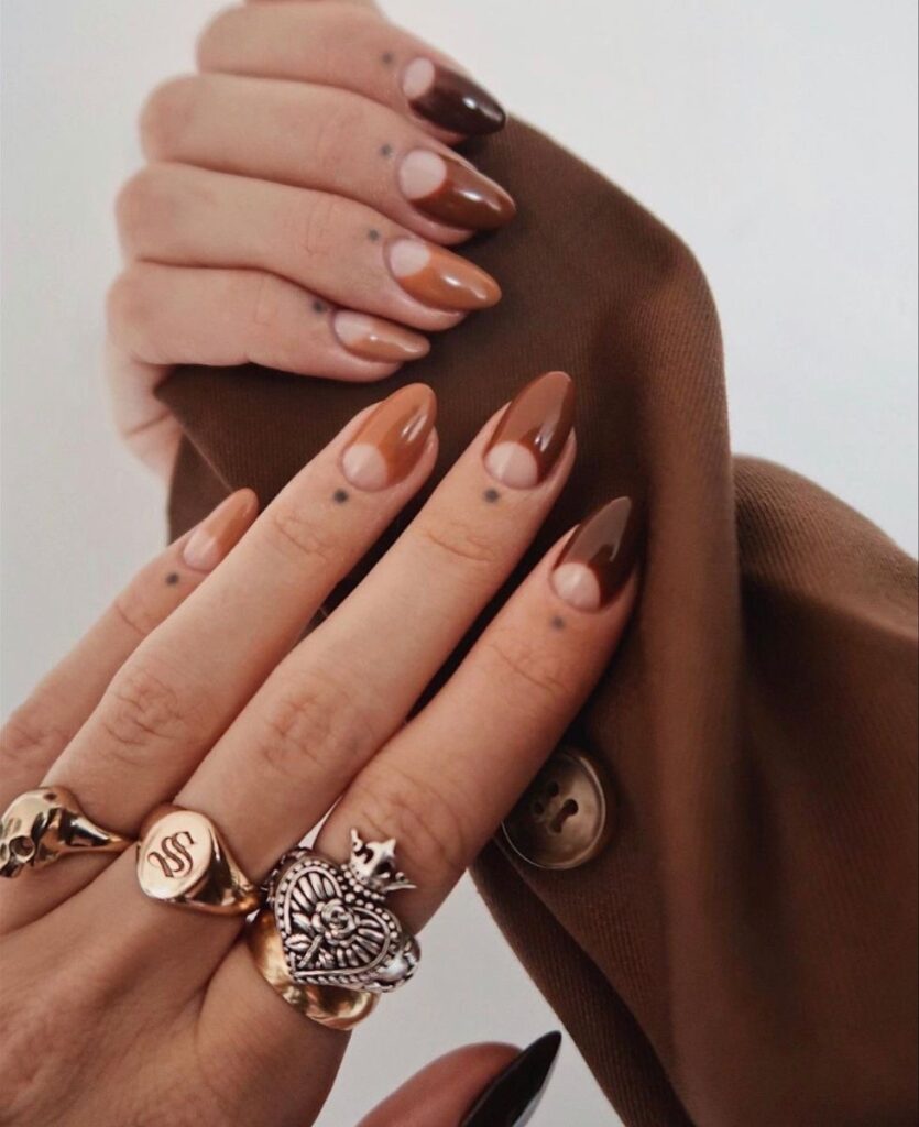 different shades of brown nails, half moon brown nails
