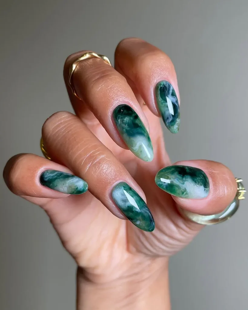 dark green nail designs, marble nails