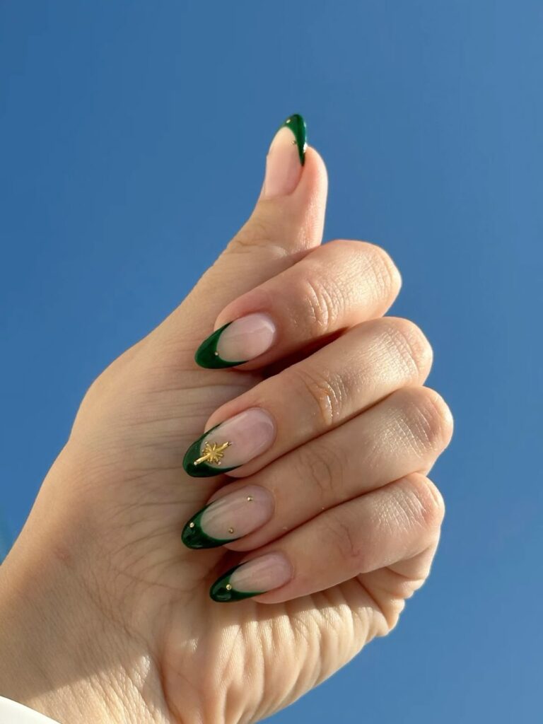 dark green nails, green French tips