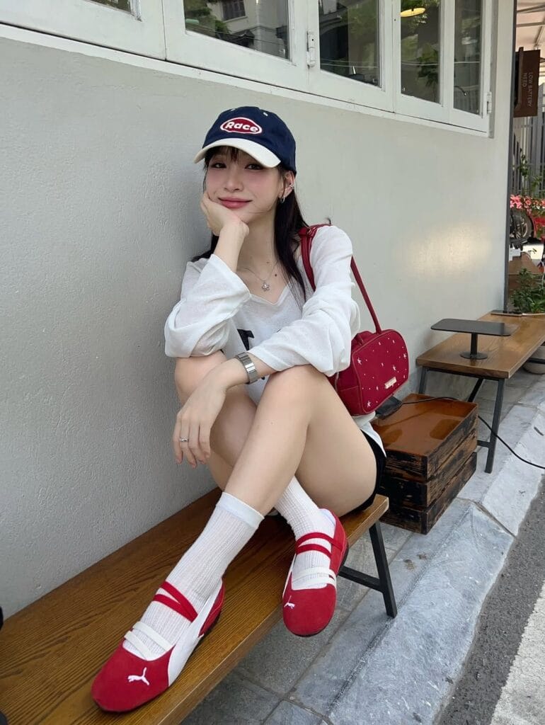 puma red speedcat ballet flats outfit