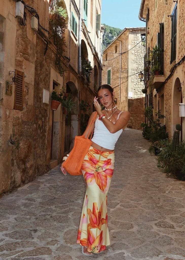 Printed maxi skirt beach outfit, vacation outfits