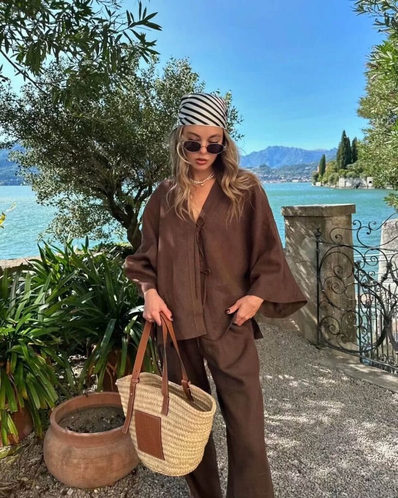 Linen co-ord set styled on the beach, vacation outfit ideas